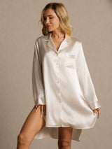 [Beige] SilkSilky  Long Sleeve Lapel Collar Nightshirt 003