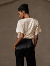 [Beige] SilkSilky  Short Sleeve Cowl Neck Women's Blouse 002
