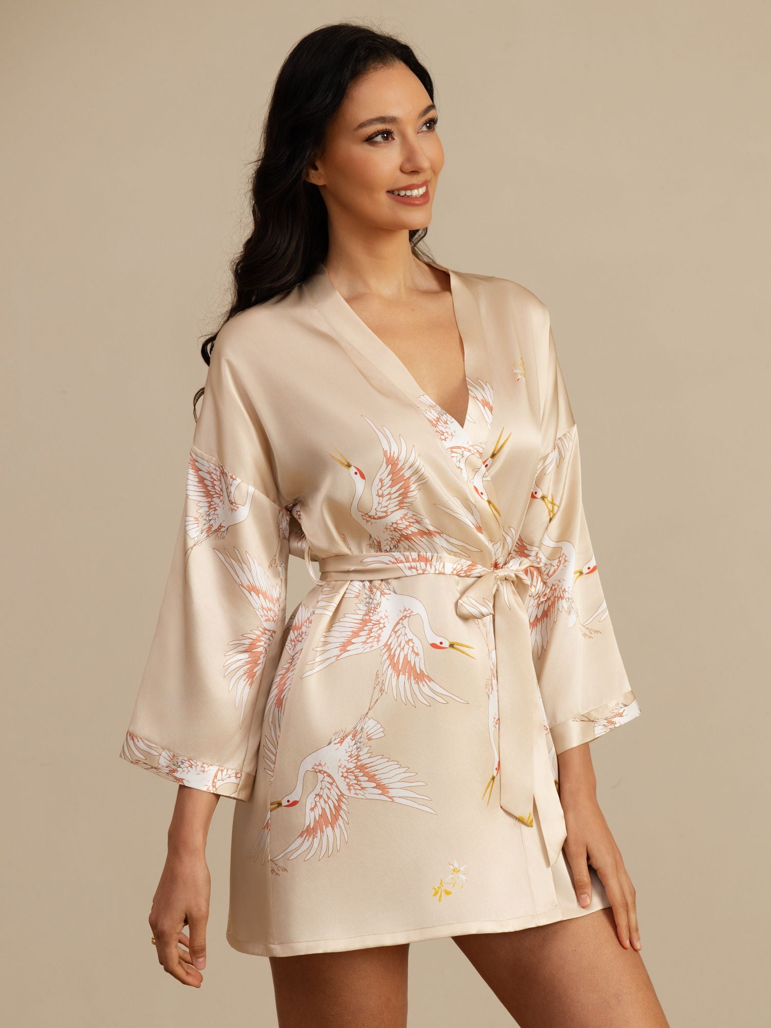 [Champagne] SilkSilky  3/4 Sleeve Deep V Neck Women's Robe 001
