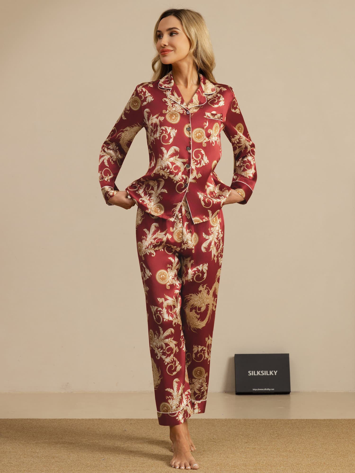 [Wine Dragon] SilkSilky  Long Sleeve Notch Collar Women's Pajamas 006