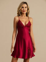 [Wine] SilkSilky  Spaghetti Strap V Neck Nightgown 004