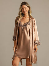 [Brown] SilkSilky  3/4 Sleeve V Neck Nightgown&Robe Set 001