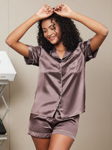 [Coffee] SilkSilky  Short Sleeve Notch Collar Women's Pajamas 002