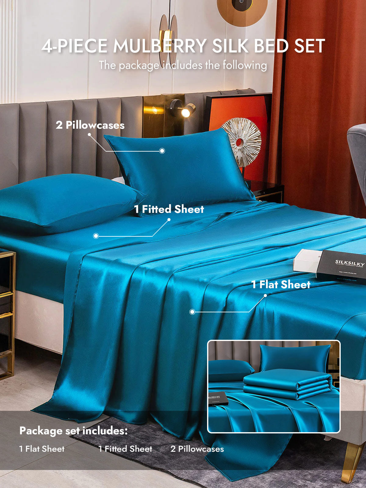 [Teal] SilkSilky  19Momme Silk Bedding Set 005