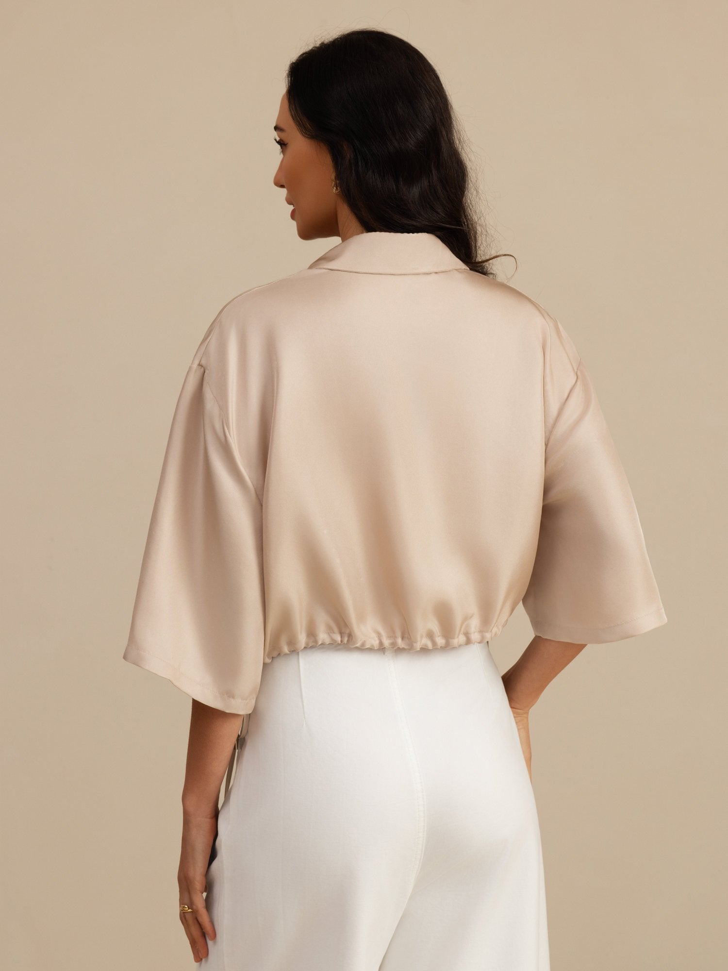 [Tan] SilkSilky 18Momme Silk Satin Surah Half Sleeve Lapel Collar Blouse 002