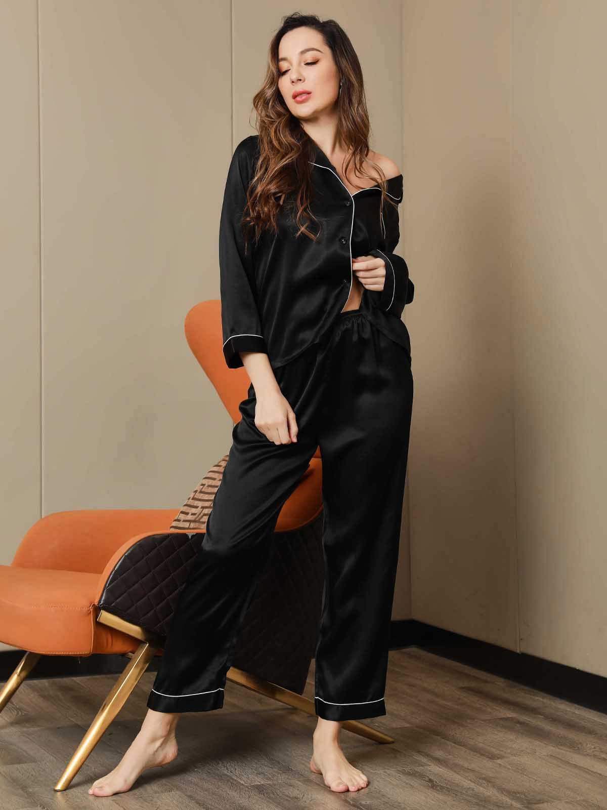 SilkSilky US Pure Silk Long Sleeve Lapel Women's Pajamas Black 003