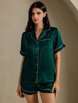 [Dark Green] SilkSilky  Short Sleeve Lapel Collar Women's Pajamas 001