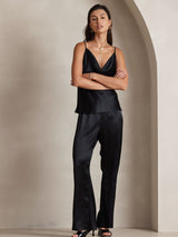 [Black] SilkSilky  19Momme Stretch Silk Charmeuse Spaghetti Strap Cowl Neck Camisole Top 006