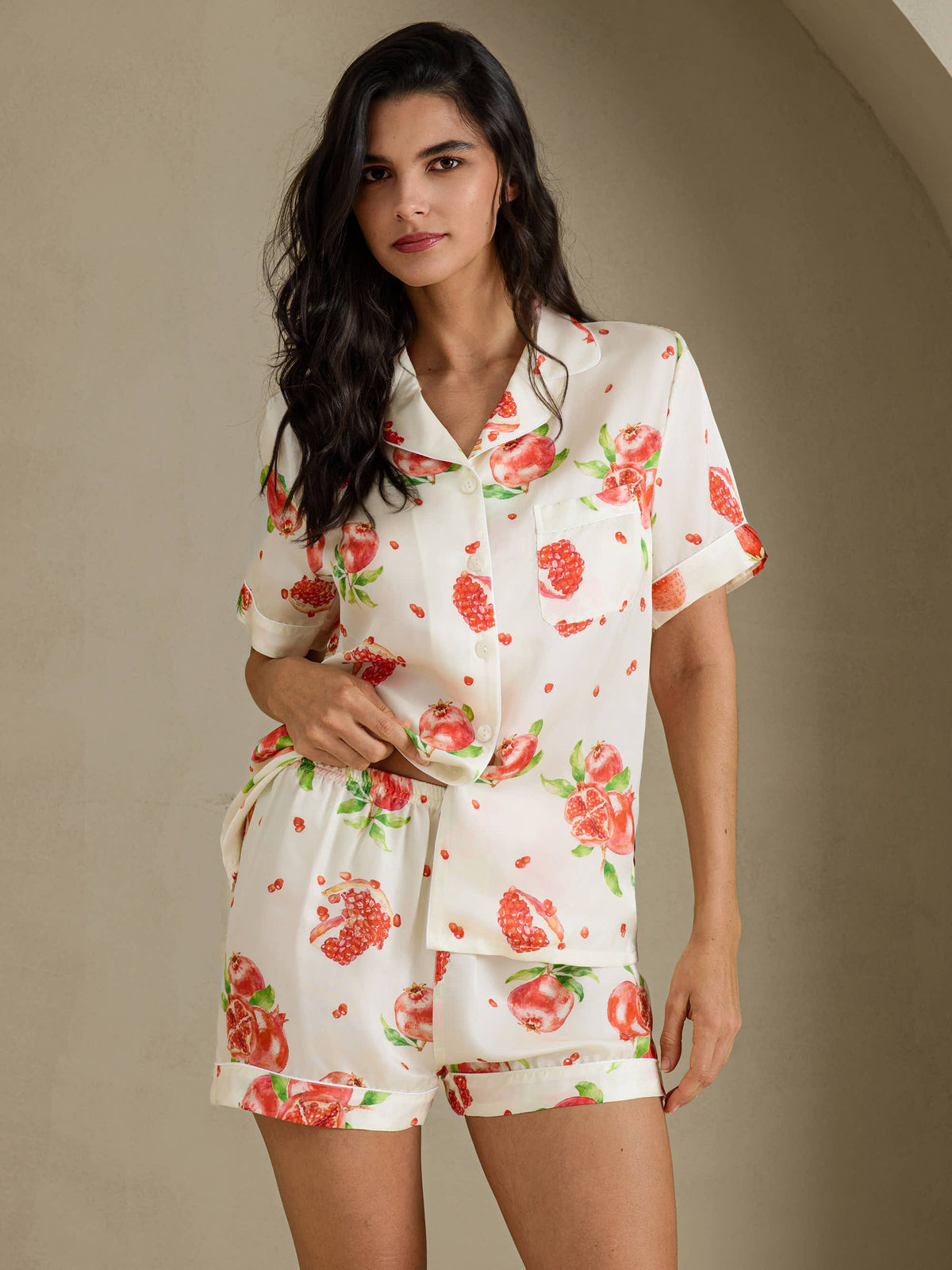 [White Pomegranate] SilkSilky  Short Sleeve Notch Collar Women's Pajamas 001