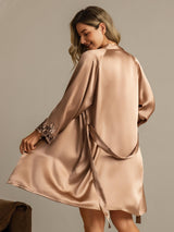 [Brown] SilkSilky  3/4 Sleeve V Neck Nightgown&Robe Set 002