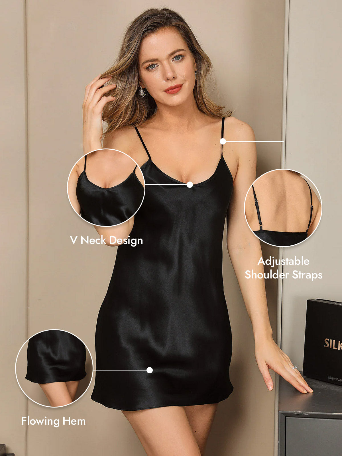 [Black] SilkSilky  Pure Silk V Neck Nightgown 005