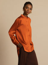 [Caramel] SilkSilky  19Momme Stretch Silk Charmeuse Long Sleeve Stand Collar Blouse 003