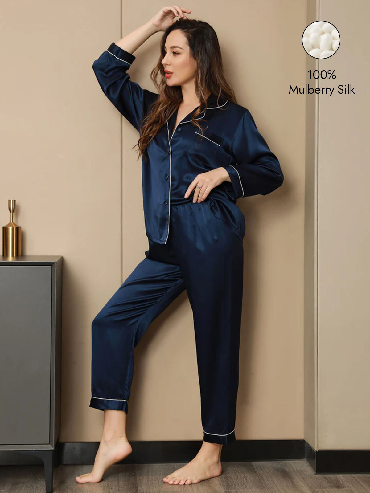 [Dark Blue] SilkSilky  Silk Long Sleeve Notch Collar Women's Pajamas 001
