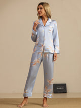 [Light Blue] SilkSilky  19Momme Long Sleeve Notch Collar Women's Pajamas 006