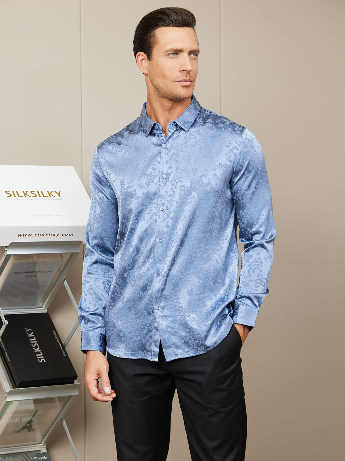 SilkSilky US Silk Blend Long Sleeve Collar Men's Shirt Blue 001