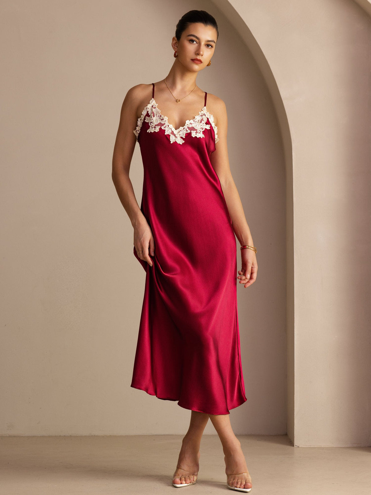 [Wine] SilkSilky  Spaghetti Strap V Neck Dress 001