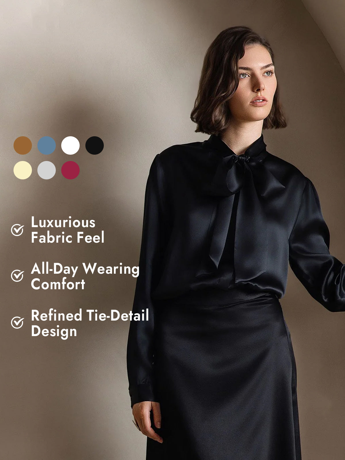 [Black] SilkSilky  19Momme Silk Long Sleeve Tie Neck Blouse 001