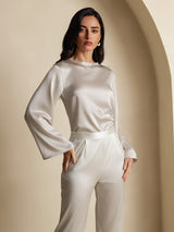 [Light Gray] SilkSilky  19Momme Stretch Silk Charmeuse Long Sleeve Boat Neck Blouse 005