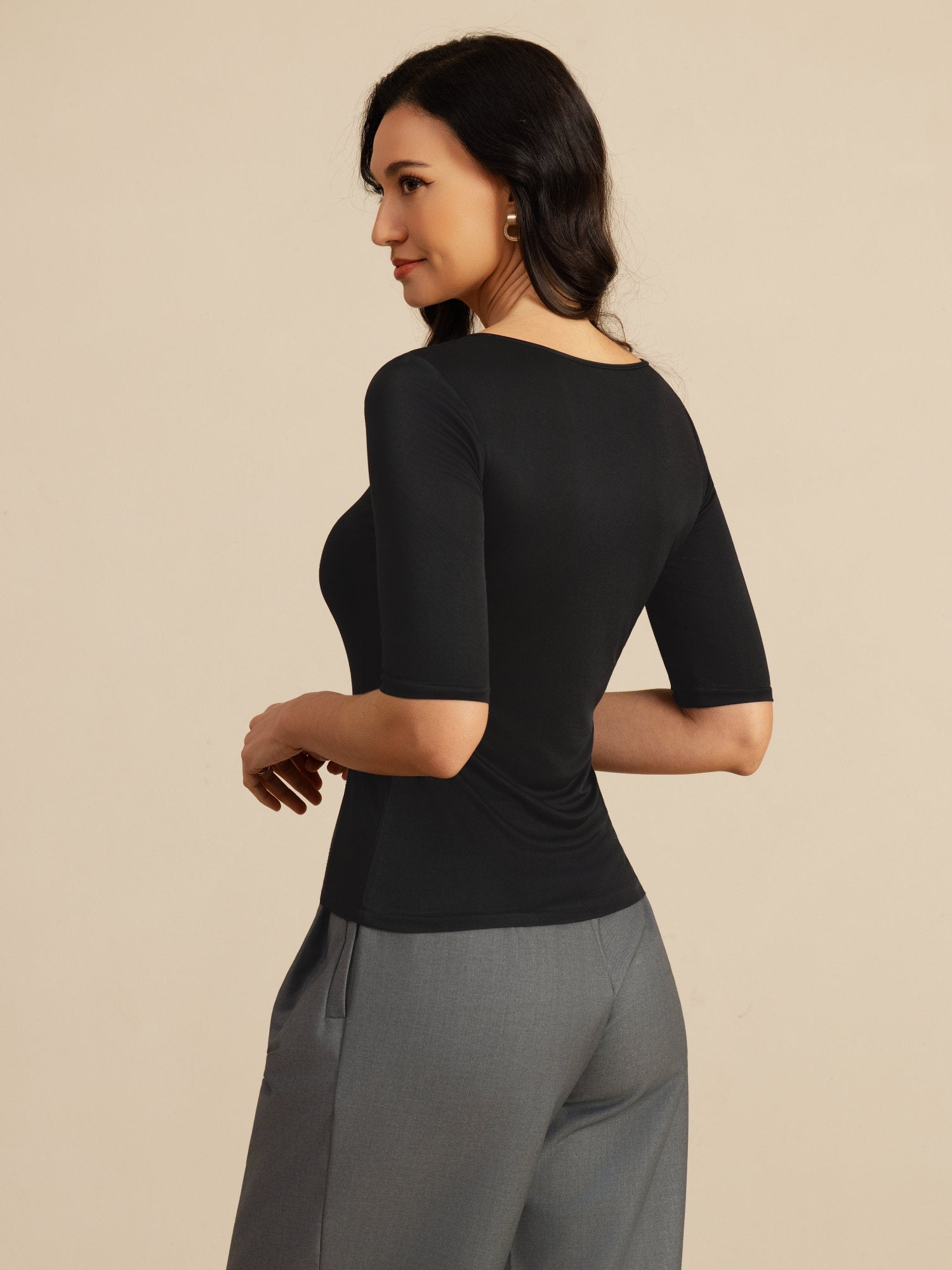 [Black] SilkSilky  100% Silk Jersey Half Sleeve Scoop Neck Women's T-Shirt 002