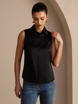 [Black] SilkSilky  Sleeveless Lapel Collar Women's Shirt 005