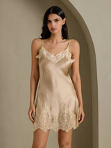 [Champagne] SilkSilky  Spaghetti Strap V Neck Nightgown 001