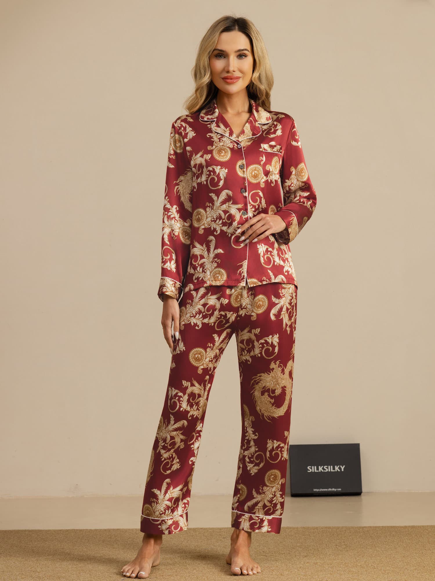 [Wine Dragon] SilkSilky  Long Sleeve Notch Collar Women's Pajamas 001