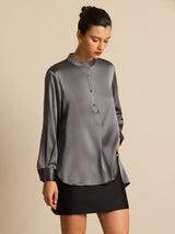 Black mulberry silk blouse with stand collar, button front, and high-low hem