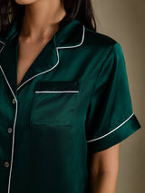 [Dark Green] SilkSilky  Short Sleeve Lapel Collar Women's Pajamas 004