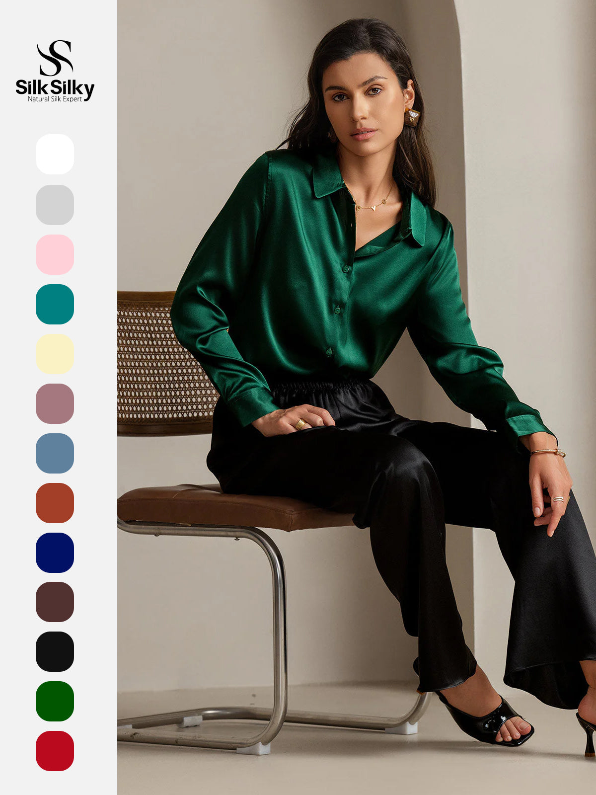 [Dark Green] SilkSilky  Silk Long Sleeve Lapel Collar Women's Shirt 001