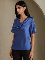 [Real Teal] SilkSilky  Short Sleeve Cowl Neck Women's Blouse 003