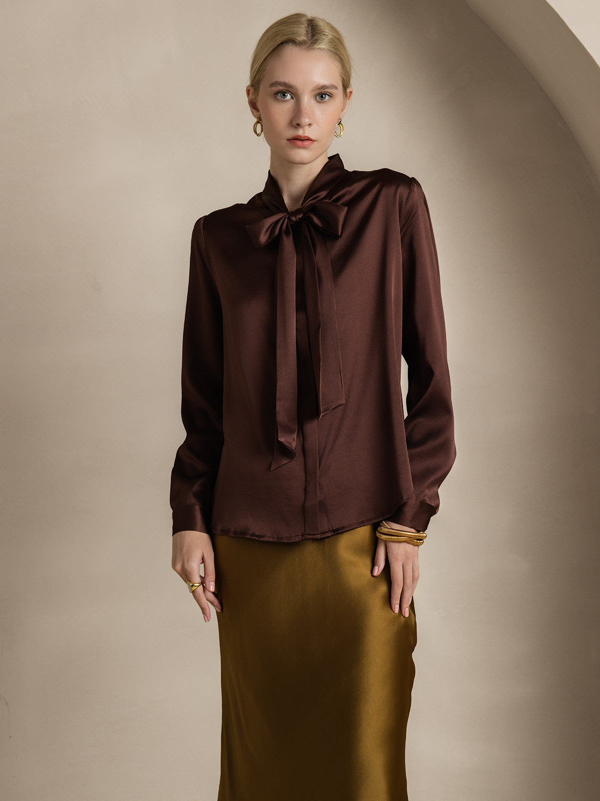 [Coffee] SilkSilky 19Momme Silk Long Sleeve Tie Neck Women's Shirt 004