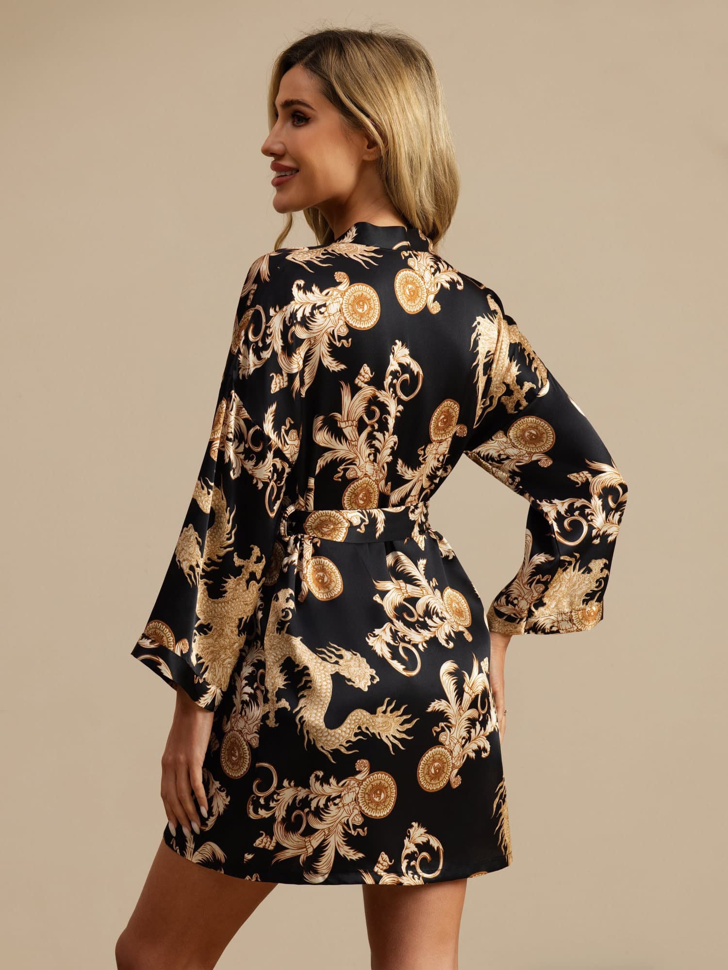 [Black Dragon] SilkSilky  3/4 Sleeve V Neck Women's Robe 002