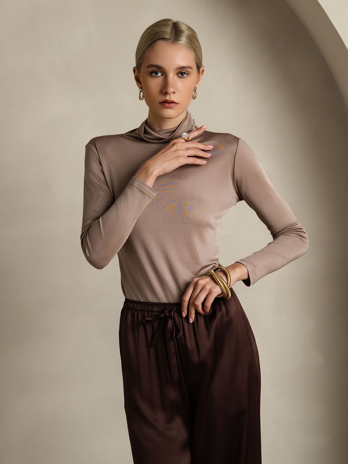 [Khaki] SilkSilky  Silk Long Sleeve High Neck Women's T-Shirt 005