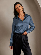 [Real Teal] SilkSilky  Long Sleeve Lapel Collar Women's Shirts 001