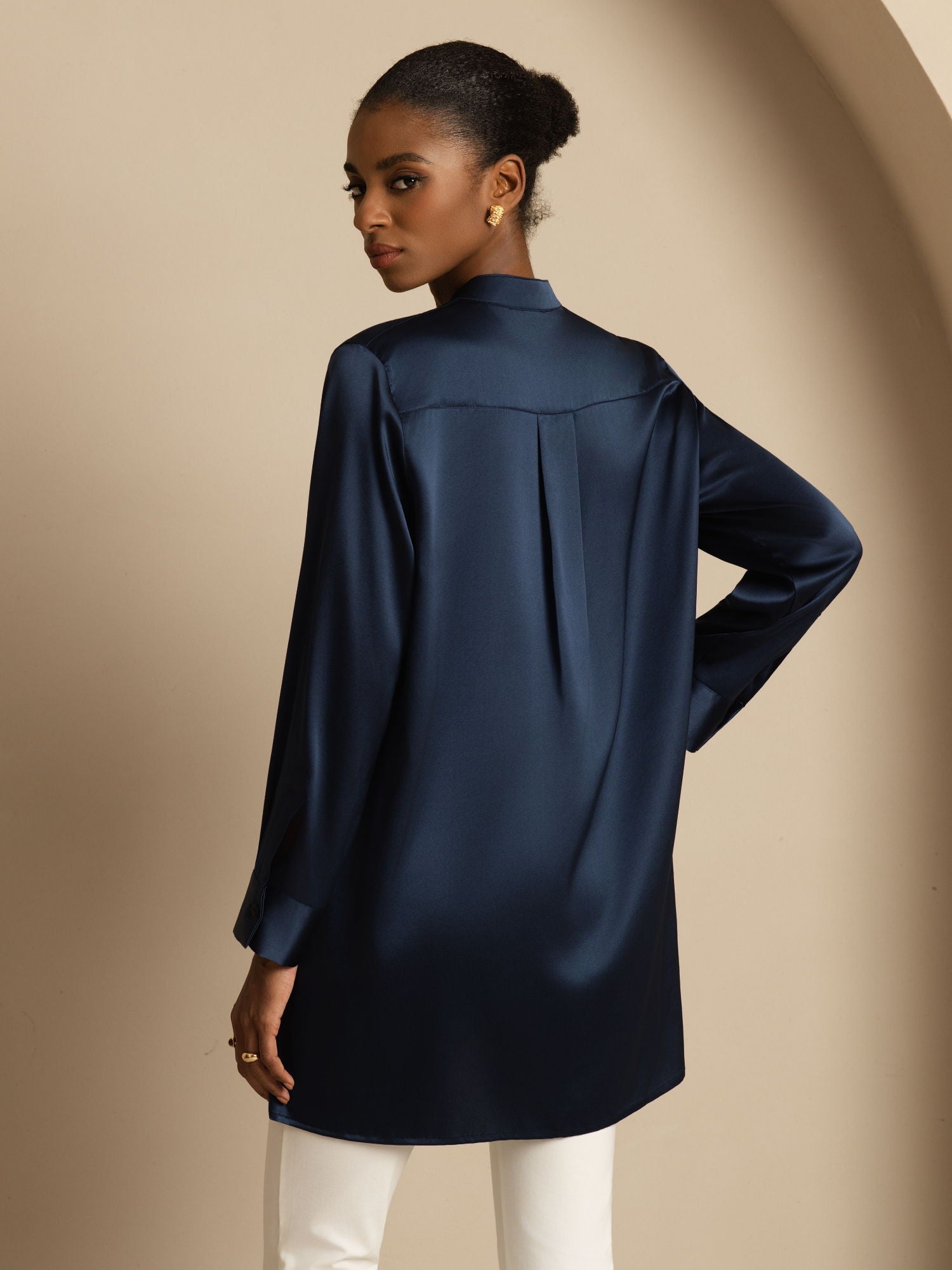 [Dark Blue] SilkSilky  19Momme Stretch Silk Charmeuse Long Sleeve Stand Collar Blouse 002