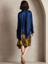 [Dark Blue] SilkSilky  Long Sleeve Tie Neck Blouse 002