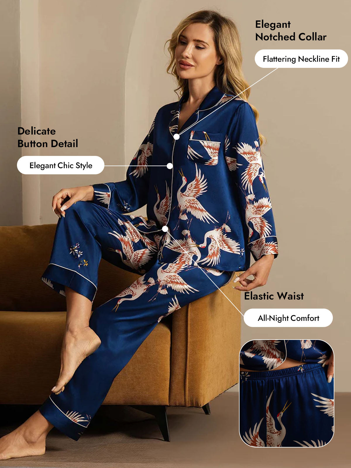 [Dark Blue] SilkSilky  19Momme Pure Silk Long Sleeve Notch Collar Women's Pajamas 006