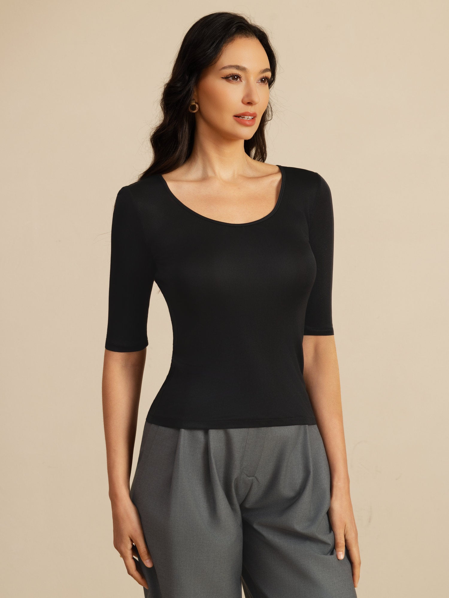 [Black] SilkSilky  100% Silk Jersey Half Sleeve Scoop Neck Women's T-Shirt 001