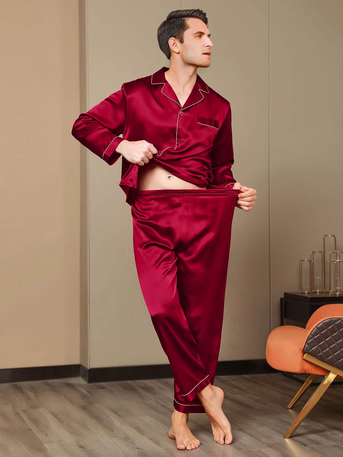 SilkSilky US Pure Silk Long Sleeve Lapel Men's Pajamas Wine 008