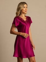 [Wine] SilkSilky  Short Sleeve V Neck Nightgown 005