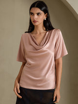[Tuscany] SilkSilky  Short Sleeve Cowl Neck Women's Blouse 001