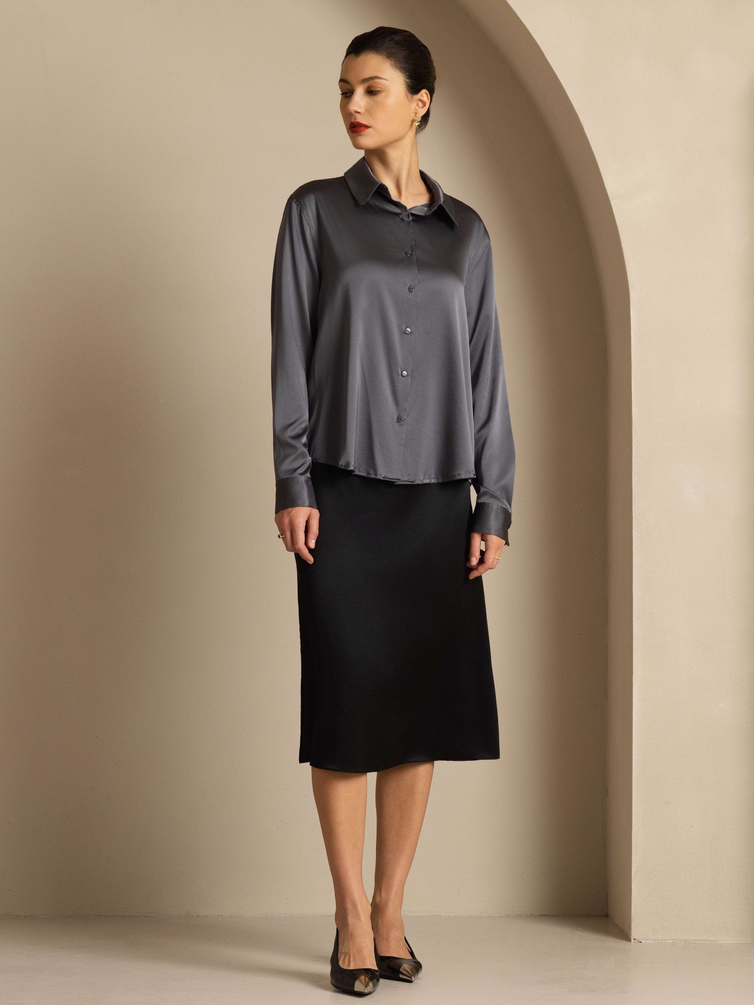 [Dark Gray] SilkSilky  Silk Long Sleeve Lapel Collar Women's Shirt 008