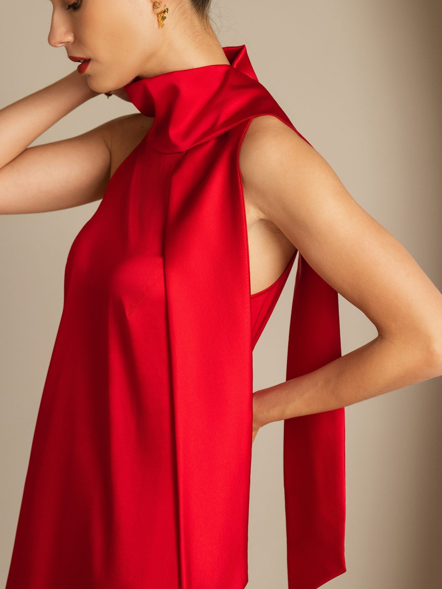 [Red] SilkSilky  19Momme Silk Tie Neck Dress 005,