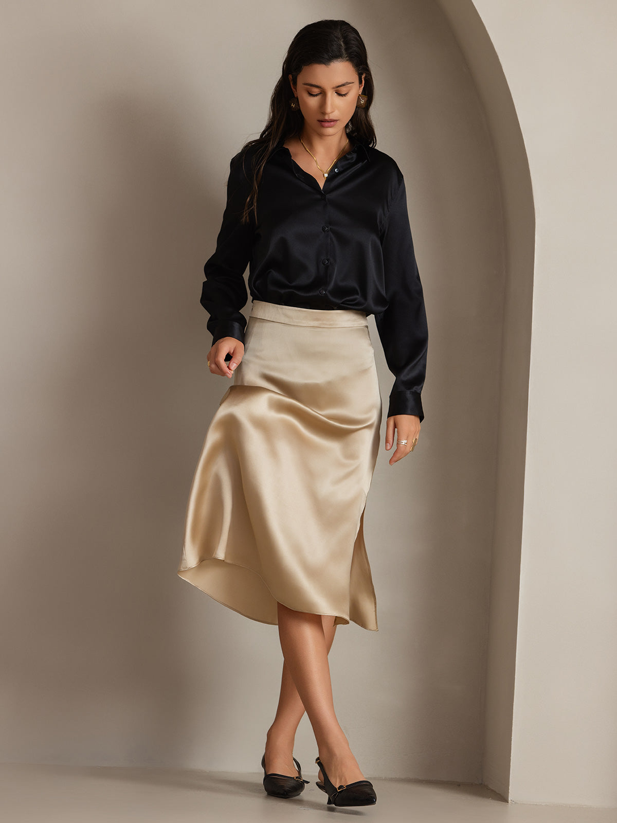 [Black] SilkSilky  Silk Long Sleeve Lapel Collar Women's Shirt 005