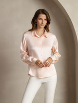 [Light Pink] SilkSilky  19Momme Stretch Silk Charmeuse Long Sleeve Lapel Collar Women's Shirt 005