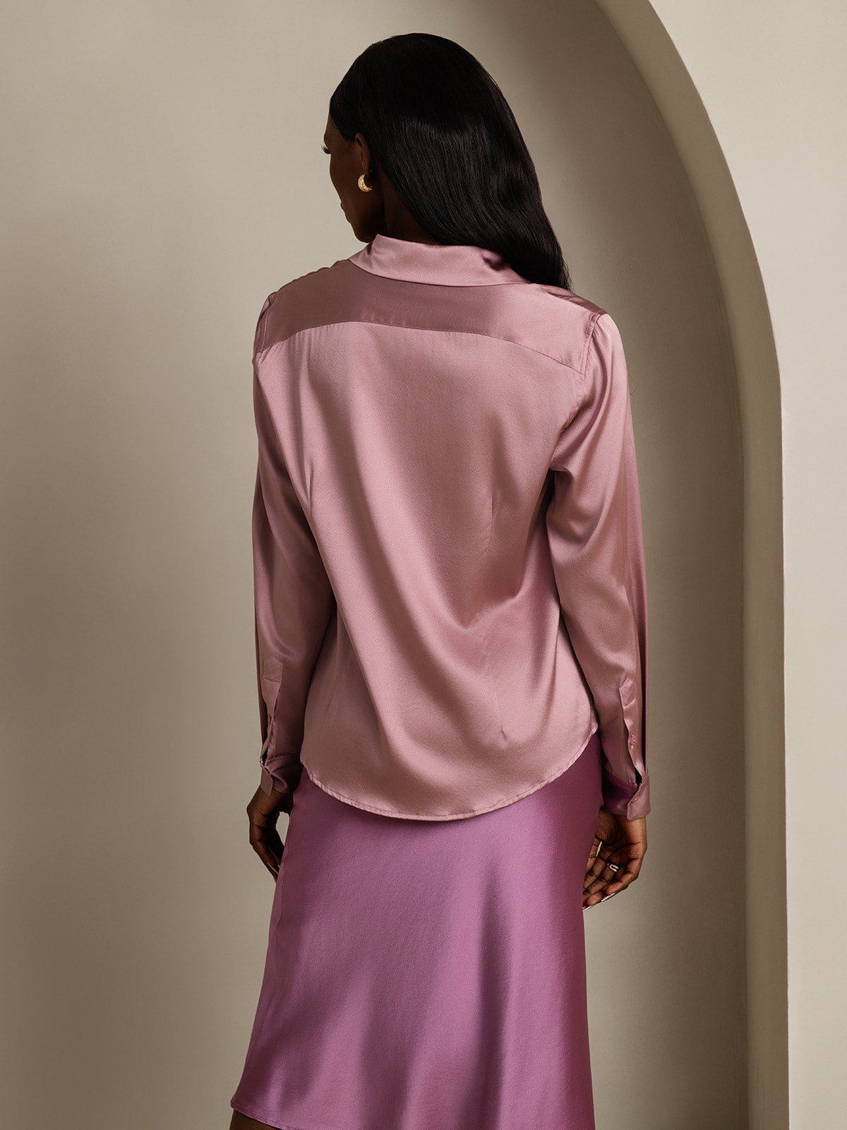 [Pale Mauve] SilkSilky  Silk Long Sleeve Lapel Collar Women's Shirt 002