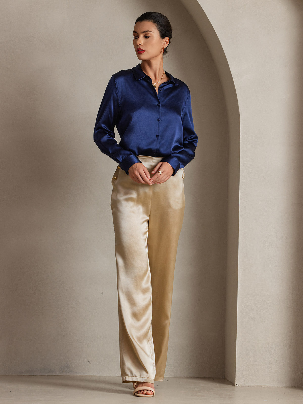 Satin wide-leg trousers with silk blouse
