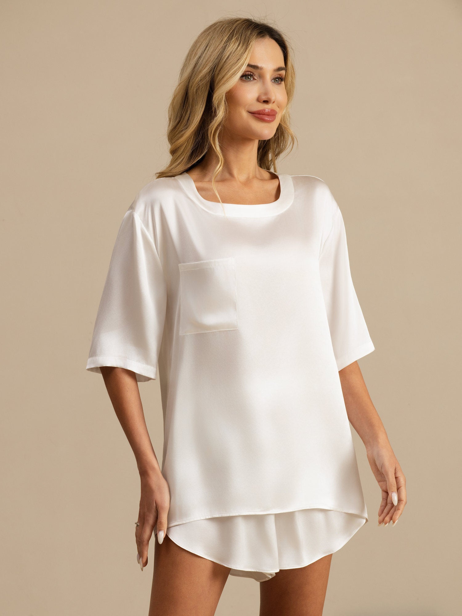 [White] SilkSilky  Short Sleeve Round Neck Women's Pajamas 004