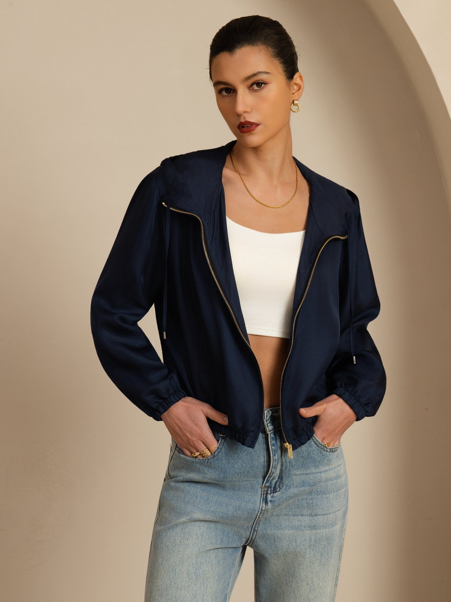 [DarkBlue] SilkSilky 18Momme Silk Satin Surah Long Sleeve Stand Collar Women's Outerwear 003