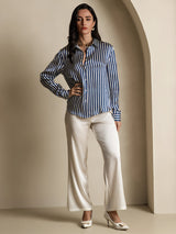 [Navy Stripe] SilkSilky  Long Sleeve Lapel Collar Women's Shirt 006